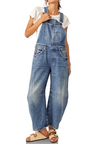 Womens Denim Bib Overalls Barrel Leg Adjustable Strap Jean Pants Jumpsuits with Pockets
