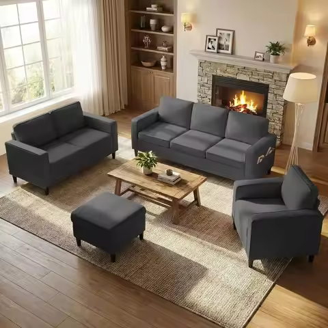 78 W L-Shaped Sectional Sofa Set with 3-Seater, Loveseat, Armchair, and Storage Ottoman, Grey