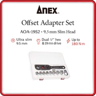 ANEX AOA-19S2 Offset Adapter Socket Set – Ultra-Slim 9.5 mm Head, 8 Metric Sockets, Dual 1/4″ Hex & 