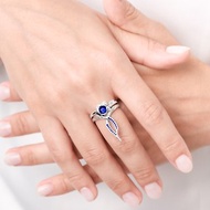 藍寶石14k鑽石訂婚結婚戒指套裝 花卉白金戒指組合 蘭花藤蔓戒指