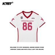 เสื้อยืดคอกลมแขนสั้นทรงสลิมฟิตสำหรับผู้หญิง K787 ลายตัวอักษรสก็อตสุดเท่ เสื้อยืดคอวีแขนสั้นสไตล์ BM