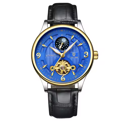 TEVISE Men's Mechanical Watch Fashion Business Skeleton Alloy Case Leather Strap Elegant Design