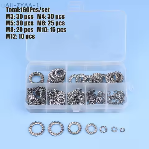 【ZYAA-1】160Pcs/box Stainless Steel External Multi Tooth Star Lock Washers Assortment Set 7 Size M3 M