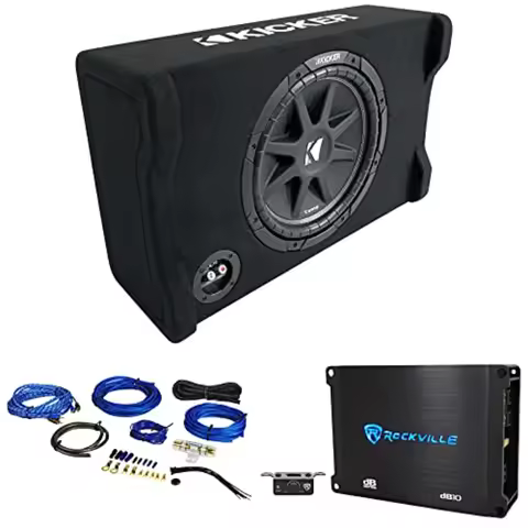 Car audio subwoofer system: down-firing 12-inch 300W sub with mono amplifier and amp kit, black, hig