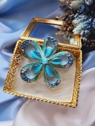 美國西洋古董飾品 / MONET藍色貓眼晶鑽萊茵花銀色胸針/別針