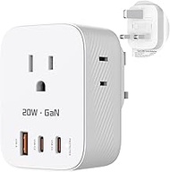 UK Ireland Travel Plug Adapter, Thinkbee GaN 20W Type G Power Plug, with 3 AC Outlets, 2 USB C & 1 U