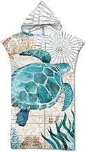 LuckyBamboo Wetsuit Changing Poncho, Marine Life Style Turtle/Whale/Sea Horse Pattern Microfiber Surf Beach Towel Bath Robe Poncho with Hood for Adult Kids, Big Turtle