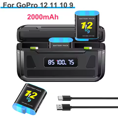 2000mAh for GoPro Hero 12 11 10 9 Battery + 3-Slot LCD USB Fast Charger for Go Pro 10 9 Black Camera