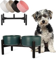 Raised Ceramic Dog Bowl Set - Elevated Double Dishes with Stainless Steel Stand - Food and Water Bow