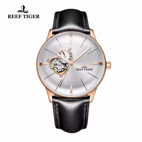 Reef Tiger RT Rose Gold Luxury Casual Watch Genuine Leather Strap Tourbillon Convex Lens RGA8239 Men