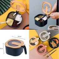 4-compartment spice box, multi-function spice box, 4-in-1 spice box,/ spice box, free spoon, 4-piece