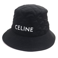 Excellent condition CELINE 2AUB0930C logo print quilted padded bucket hat in black and orange, size 