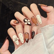 【5in1 Toolkit+HANDMADE】Press on Nails Milk Coffee Polka Dot 3D Flower Rhinestone Phototherapy Fake N