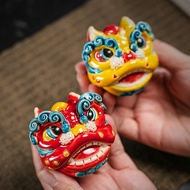 Lucky Lion Dance Ornaments Lion Dance Ceramic Car Lion Head Tea Pet Cover Cross-toe Pottery Crafts Opening Gift