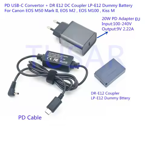 EU/US PD USB-C Convertor DR E12 DC Coupler LP-E12 Dummy Batteryfor Canon EOS M50 Mark II, EOS M2 , E