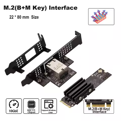 M.2 to Single Port 10 Gbase Ethernet Gigabit Nic B Key M Key 10G/2.5G/1000M RJ45 Lan Network Adapter