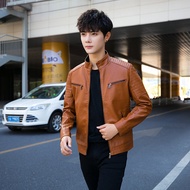 เสื้อแจ็คเก็ตหนังผู้ชายหนังแท้ใหม่ เสื้อแจ็คเก็ตหนังมอเตอร์ไซค์หล่อปกตั้ง เสื้อแจ็คเก็ตหนังเบสบอล