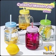 Colorful Mason Jar with Reusable Straw Bottle Cold Drink Glass Mug Transparent Cup 500ml