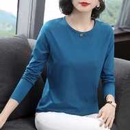 【S-5XL】Women's Cotton Round Neck T-shirt Long Sleeves  Blouse Plus Size Base Shirt Baju Perempuan Lengan Panjang