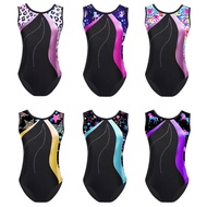 Kids Girls Stylish Print Leotard Patchwork Sleeveless Bodysuit for Gymnastics Training Stage Performance