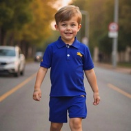 เด็กหนุ่ม 2 ชิ้น/เซ็ตสีฟ้าถักเสื้อโปโลแขนสั้นคอปกและสีฟ้าถักกางเกงขาสั้นกีฬาลำลองเหมาะสำหรับฤดูร้อน
