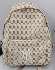 MLB Monogram系列 NY紐約洋基隊復古老花滿印休閒 尼龍 背包書包雙肩包 大號 男女同款 米色