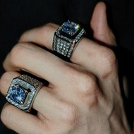 New Arrival Trendy American GOLDEN Square Full Diamond Aquamarine Boss Ring Hip Hop Trend Business S