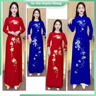 Áo dài mẹ lụa mỹ thêu hoa vi tính màu đỏ và xanh coban size SMLXLXXL3XL4XL