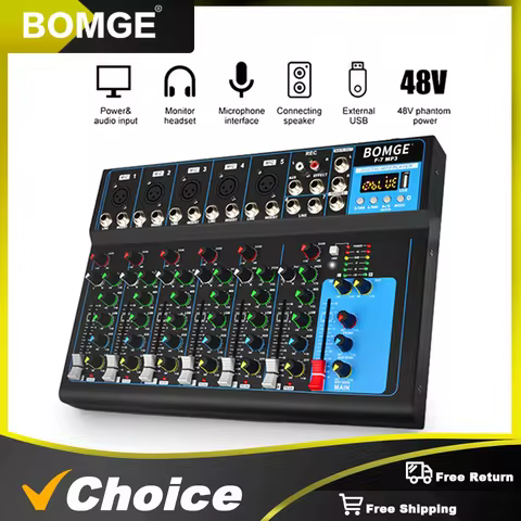 BOMGE F7 Bluetooth Audio Mixer USB DJ Sound Mixing Console MP3 Jack 48V Power for Computer Recording