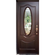 Pintu Kayu Cermin Depan Rumah Full Solid Wooden Door Tempered Glass Oval (Tidak Termasuk Syelek/Cat)