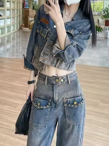 Denim Set Women's Spring Trend Popular Personality Lapel Washed Jean Jacket Harun Trouser Fried Stre