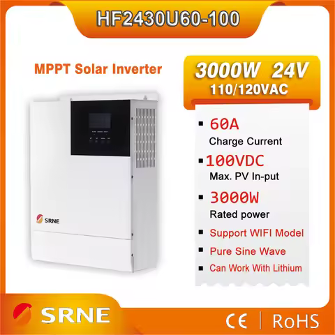 SRNE 3000W 24V MPPT 60A Solar Hybrid Inverter 110V/120VAC Pure Sine Wave Off-Grid Inverter Max PV In