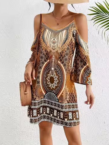 Women's Western ethnic retro style Aztec print dress Elegant V-neck short-sleeved dress for women