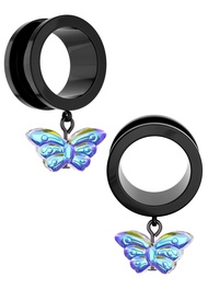 2PCS Black Dangle Ear Gauges for Women Screw On Plug Earrings Surgical Steel Butterfly Ear Tunnels P