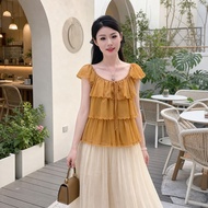 Premium Korean Lace Panel Flutter Sleeve Cropped Blouse - Slimming Peplum Top