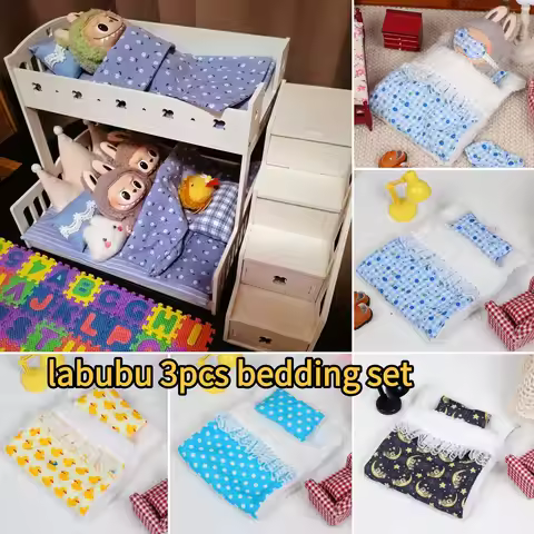 Labubu Clothes: Mini Bedding Collection - Complete Dollhouse Set for 17cm Dolls with Pillow & Blanke