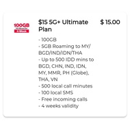 Singtel Prepaid $15 Ultimate Plan/100 GB  Data/5GB Roaming/500 IDD/500 Local Mins/100 Local SMS/ FIC