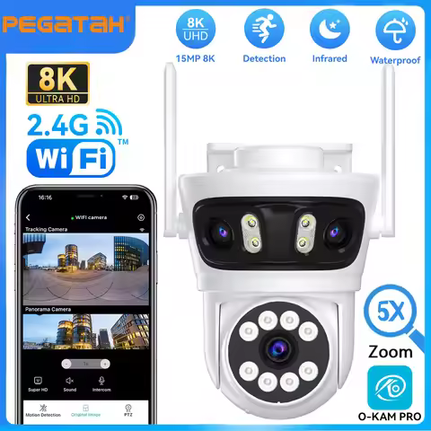 PEGATAH 15MP WiFi Outdoor Security Camera 3 Lens Dual Screens 5X Digital Zoom PTZ Auto Tracking CCTV