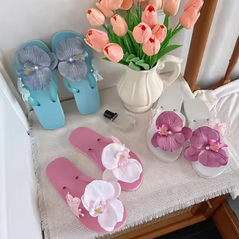Fashion Vacation Flower Flip Flops Beach Waterproof Moth Orchid Sandals Soft Flat Butterfly Orchid S