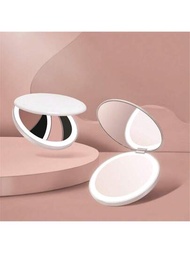 1入組可充電便攜式圓形白色LED折疊化妝鏡，配有24個LED燈光照亮您的美麗，高清鏡面，適用於修飾妝容的化妝鏡禮品