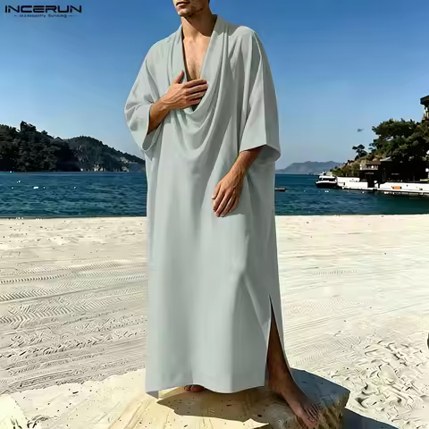 INCERUN Men's Muslim Kaftan Solid Color 3/4 Sleeve Vintage Robes For Man Caftan Oversize Loose 2026