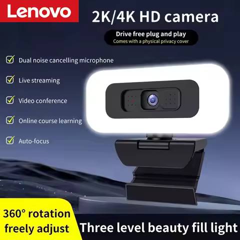 Lenovo Webcam 2K/4K Ultra HD Auto Focus With Microphone Light Privacy Protection Cover For Light Liv