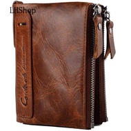 Lhshop Leather Iway Men Genuine Horsehide  Double Zipper Pocket Leather Bifold Wallet with Minimalist Vintage Horsehide