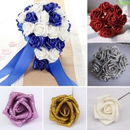 ROBEN Foam Roses 10pcs Blue Roses Bride Bouquet with Glitter Powder Decoration