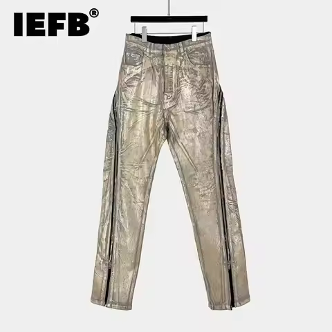 IEFB High Quality Gold Stamping Men's Jeans Design Dark Style Street Fashion New Zipper Patchwrokd D