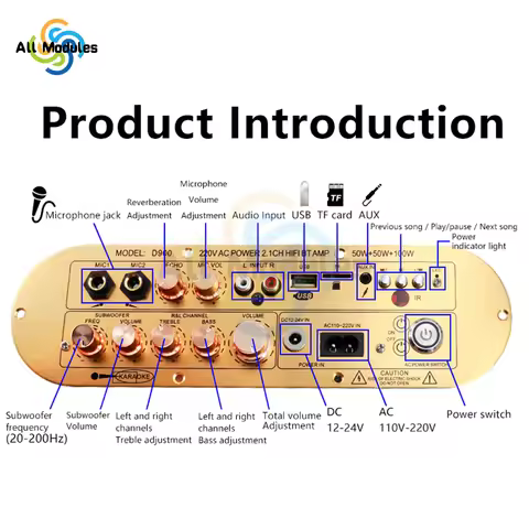 D900 2.1 Channel Bluetooth Amplifier Board DC 12-24V / AC 110-220V 50W+50W+100W High Power Subwoofer