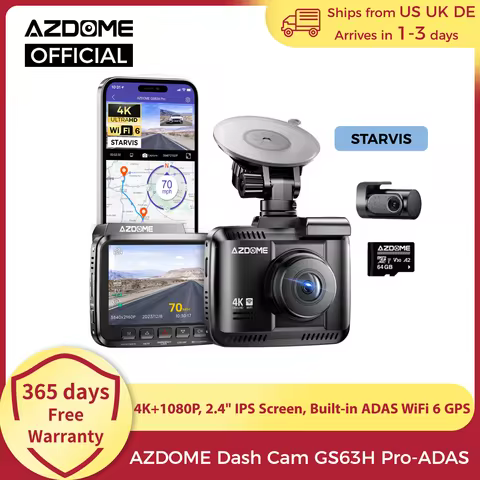 AZDOME Dash Cam GS63H Pro 4K+1080P 2.4" IPS Screen 150°FOV Built-in ADAS WiFi 6 GPS Car DVR G-Sensor