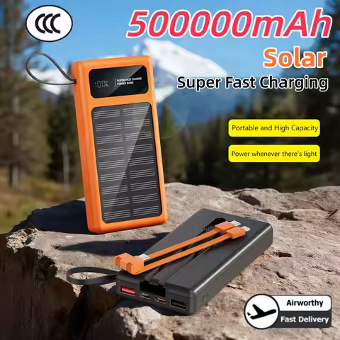 2026 New 500000mAh Solar PowerBank 120W Fast Charging Built-in 2 Cable PowerBank High Capacity Batte