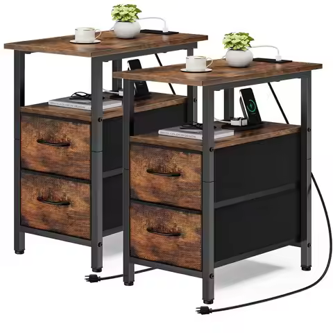 End Table with Charging Station Set of 2, Narrow Side Table, 23.8 Tall Nightstand with 2 Drawers, Sm