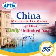 esim China Mainland+HK+Macau 1-30 Days DaiIy Unlimited Data CMCC/CMHK/CTM Prepaid sim 5G LTE 4G High
